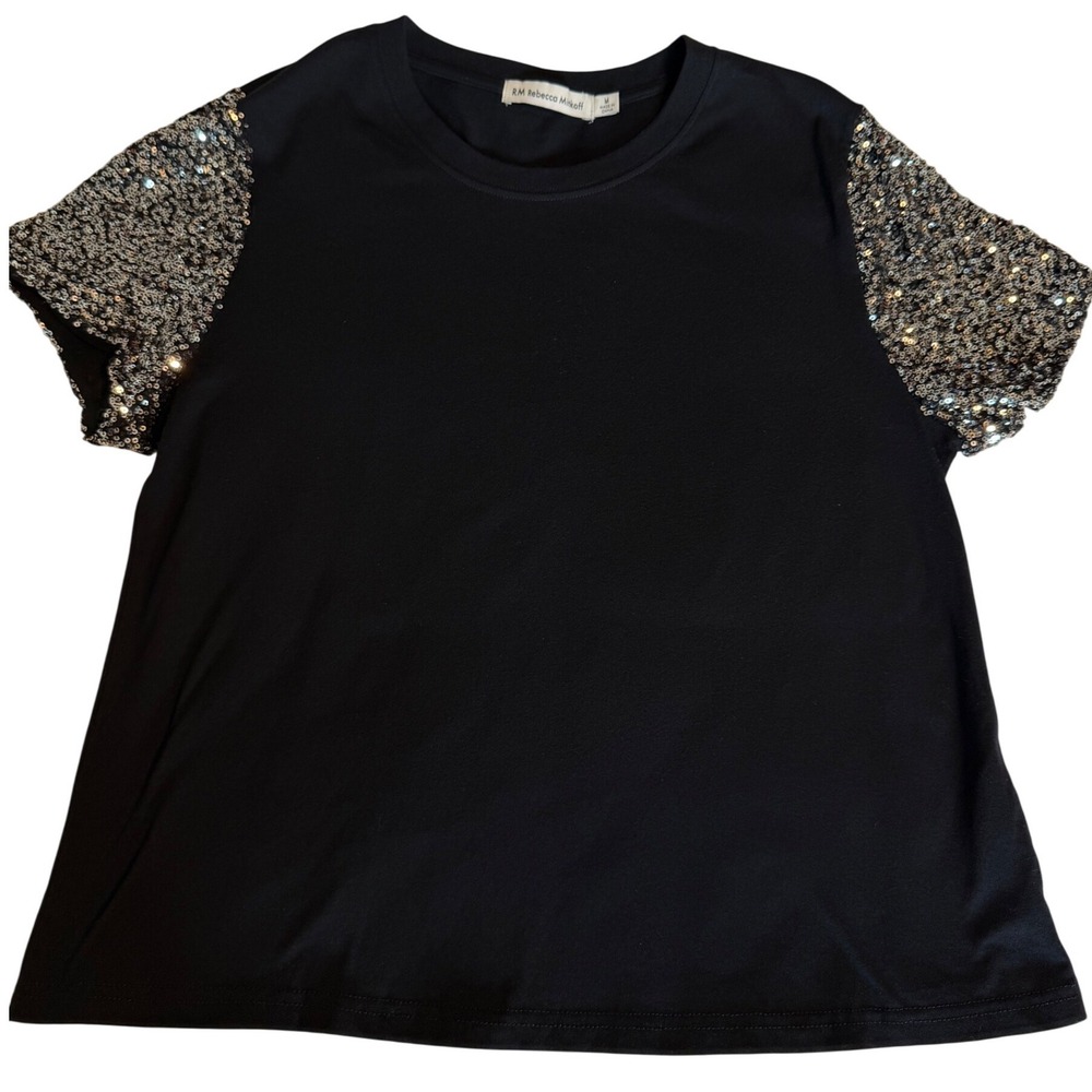 RM Rebecca Minkoff Sequin Sleeve Tee Women Medium Black Excellent Embellished